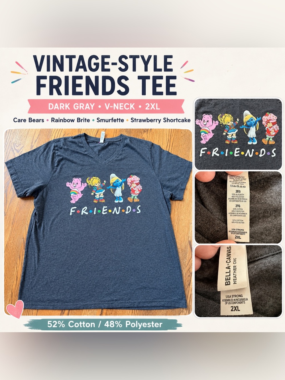 Bella Canvas Dark Gray Vintage-Style Friends Tee with Colorful Characters
